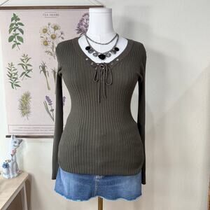 Vintage 90s Y2k Green Lace Up Ribbed Knit Top Indie Sleaze Rockstar Girlfriend M
